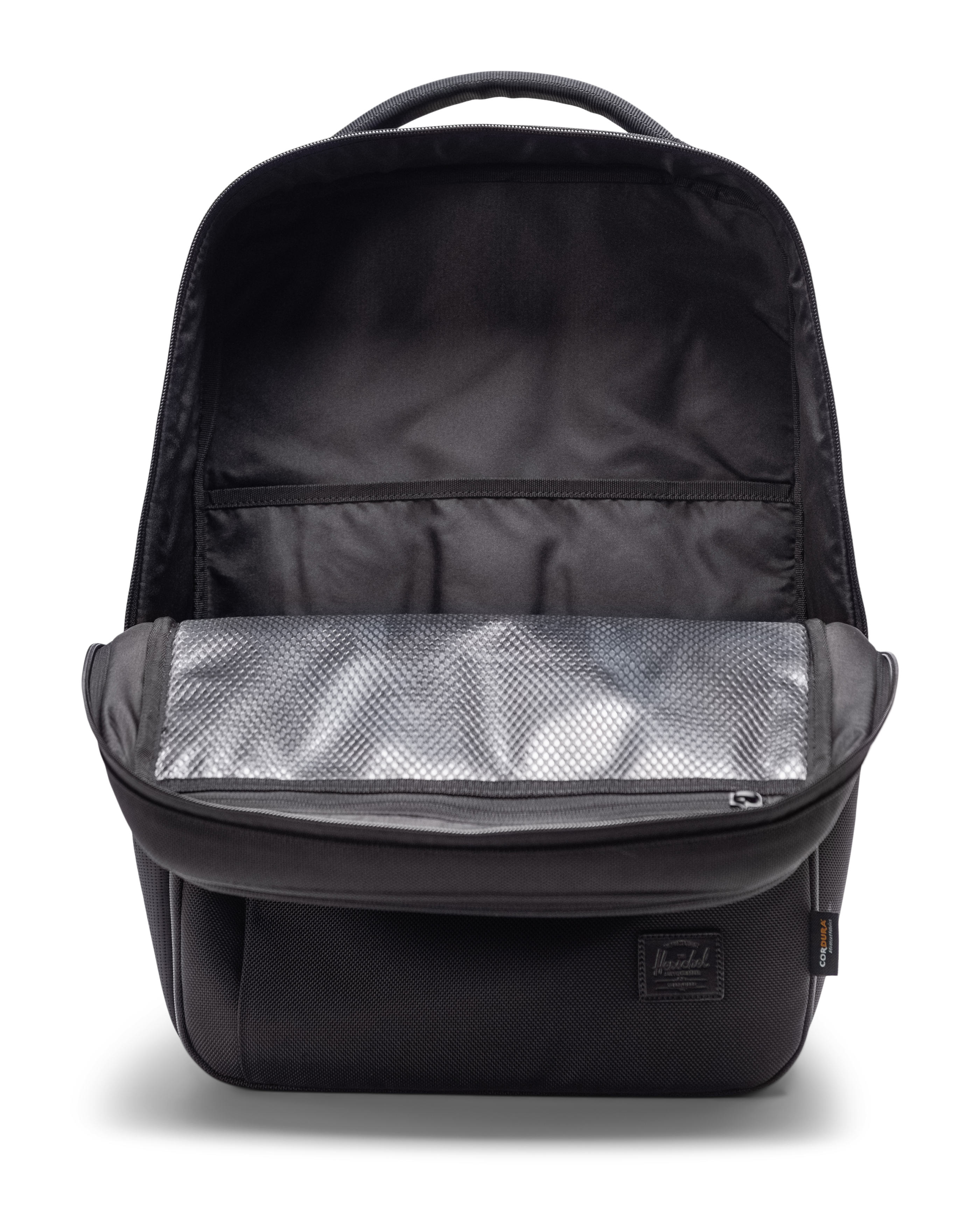 Herschel Supply Co. Kaslo Backpack Tech Cordura black premium leather classic label detail highlighting the durable 1680D fabric.