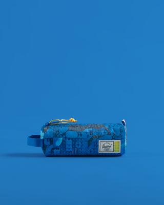 Herschel Supply Co. LEGO Settlement Pencil Case Little Herschel in Abstract Bricks Blue featuring a colorful LEGO brick pattern.