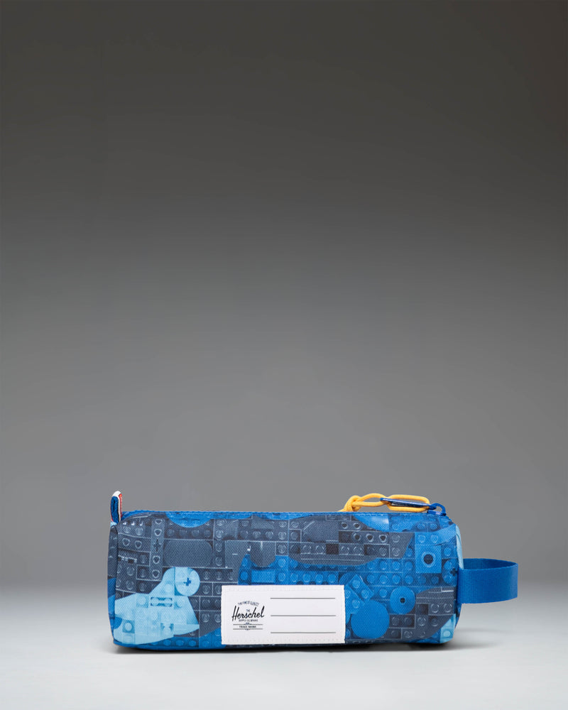 Herschel Supply Co. LEGO Settlement Pencil Case Little Herschel in Abstract Bricks Blue, showing a detailed side view.