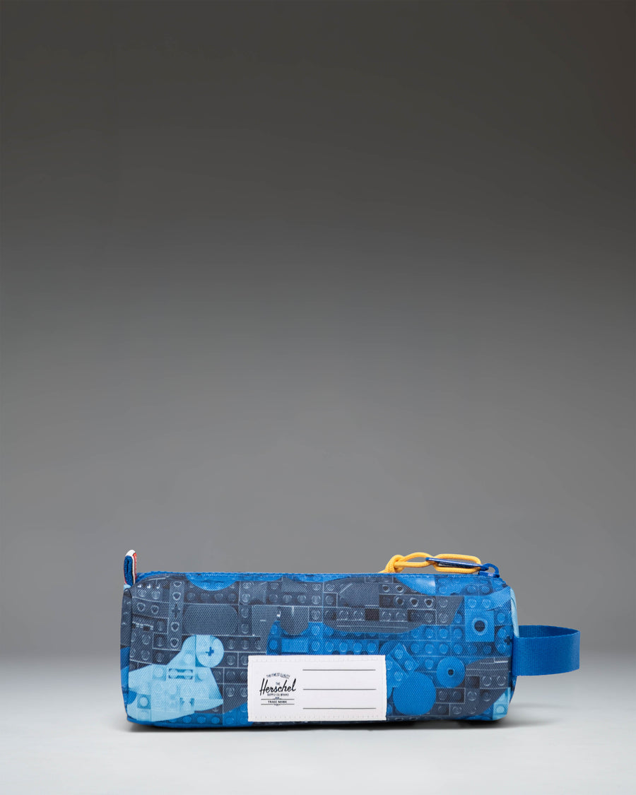 Herschel Supply Co. LEGO Settlement Pencil Case Little Herschel in Abstract Bricks Blue, showing a detailed side view.