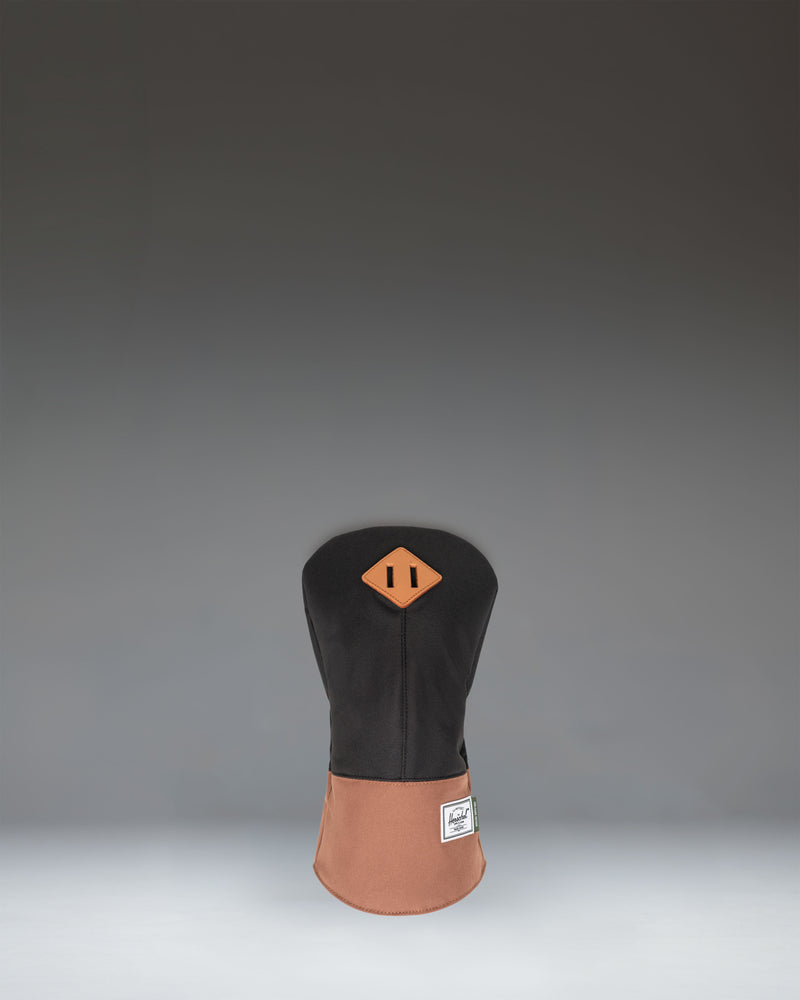Herschel Heritage Driver Head Cover in Black and Saddle Brown, showing a classic design with a synthetic leather bottom and fabric top.